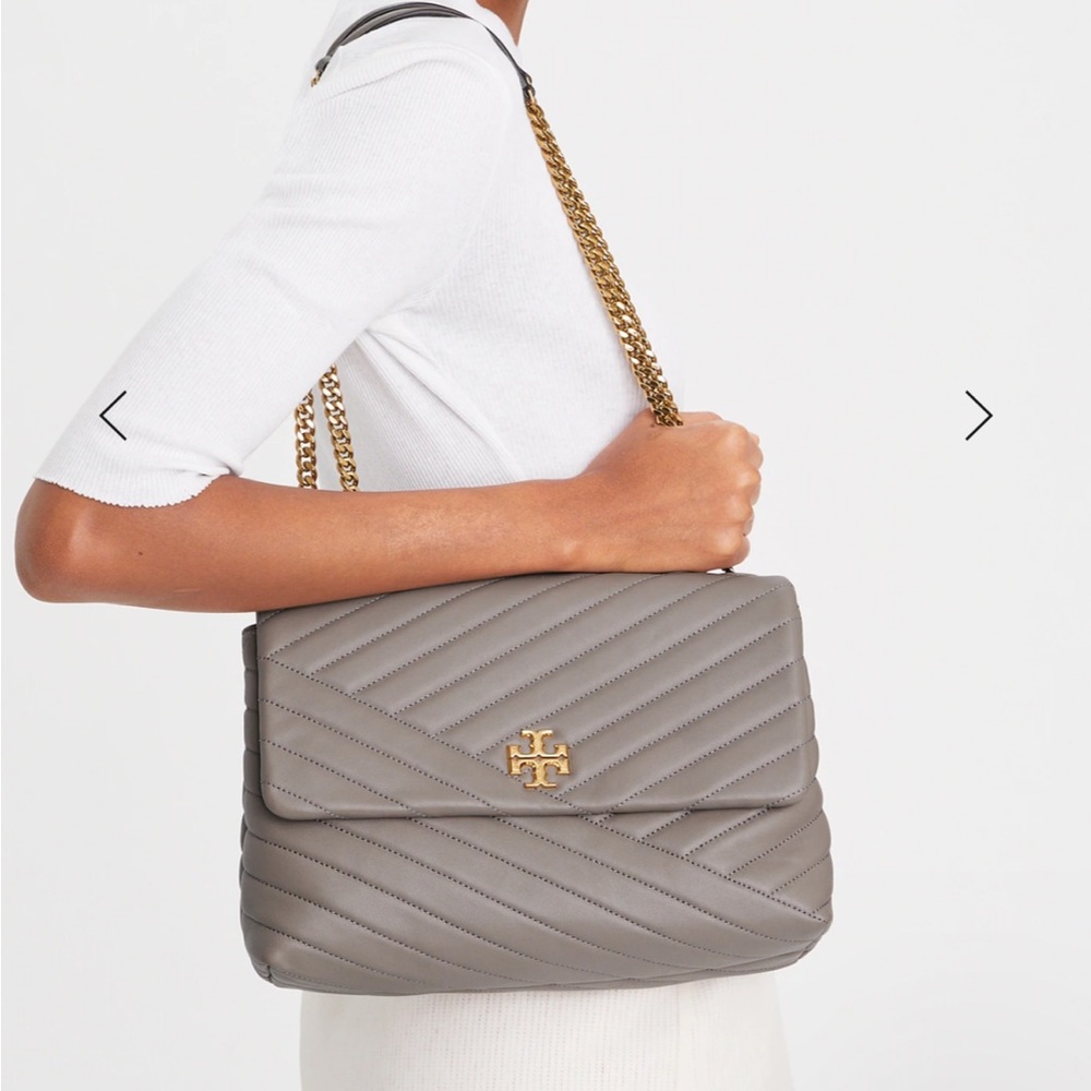 Tory Burch Kira Leather Purse Bag - Gray Heron & Gold Chain